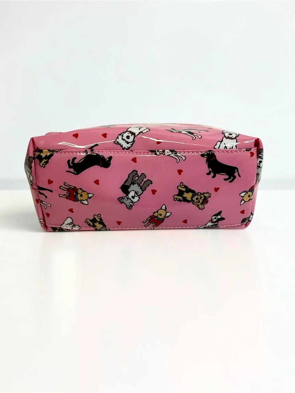 NWT Marc Tetro Pink Patent Multi Dog Print Cosmetic Bag Pouch Heart Zipper Pull